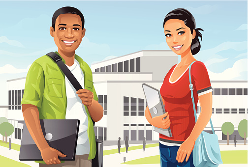 Illustration of a male and a female college student on campus. EPS8, fully editable and all labeled in layers.